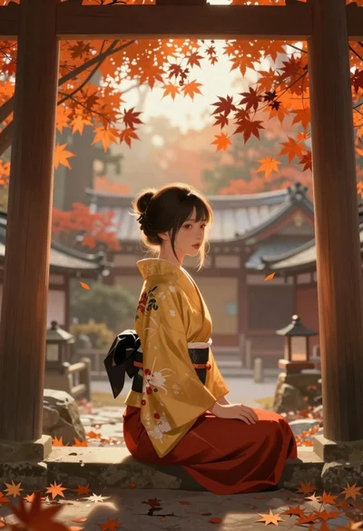 Young woman in kimono under autumnal japanese torii gate