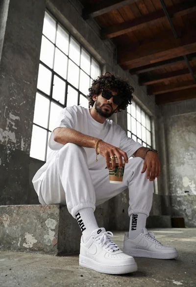 Young man with curly black hair and beard sits on concrete ledge