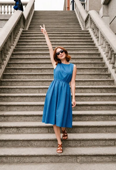 Woman in blue dress posing playfully on wide outdoor stone staircase