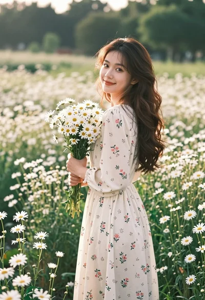 Young woman in floral dress holding daisies in a field at golden