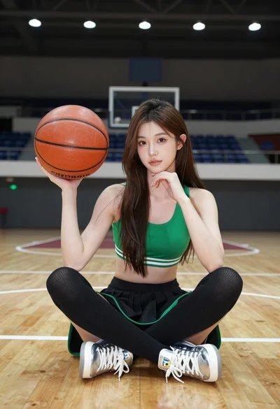 Young woman sitting on wooden court holding basketball in green sportswear