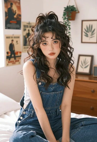 Young woman in denim overalls sitting on bed with messy bun hairstyle