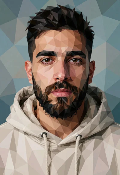 Low poly portrait of man with dark beard in beige hoodie against