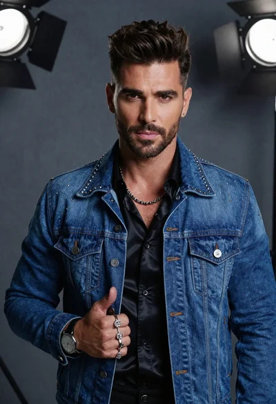 Portrait of a man in denim jacket and satin shirt against dark
