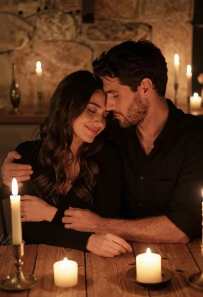 Romantic couple embracing at a wooden table in candlelit room