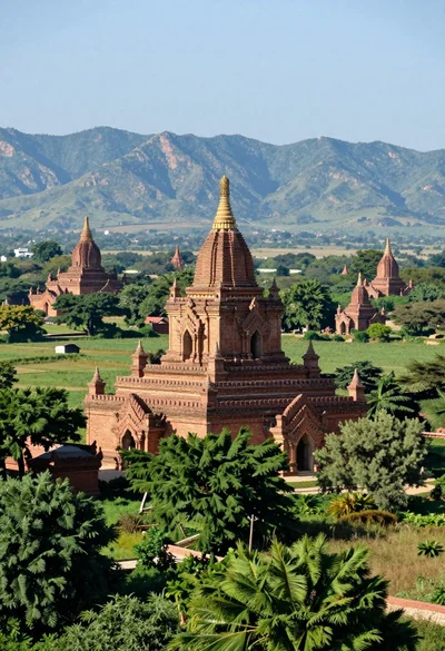 Panoramic view of ancient brick pagodas in a lush green valley with
