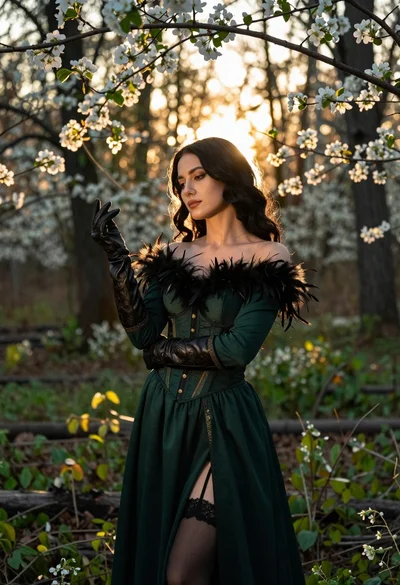 Woman in green gown stands in sunlit forest with blooming trees