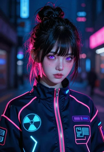 Anime portrait of woman in dark neon city