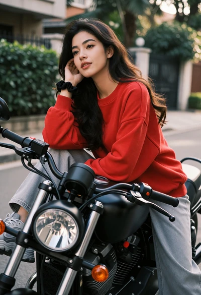 Young woman with dark wavy hair on black motorcycle in urban setting