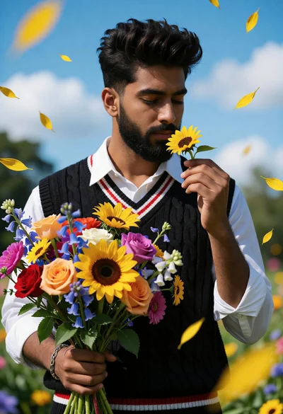 Young man smelling sunflower bouquet in a sunny outdoor garden setting