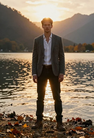 Man standing at lake edge during golden hour
