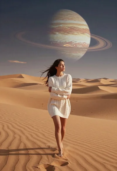 Woman walking across desert dunes under gas giant