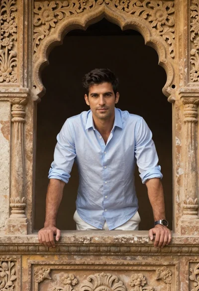 Handsome man in blue shirt leaning on ornate stone window frame