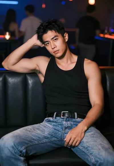 Muscular man in black tank top sitting on leather couch in club