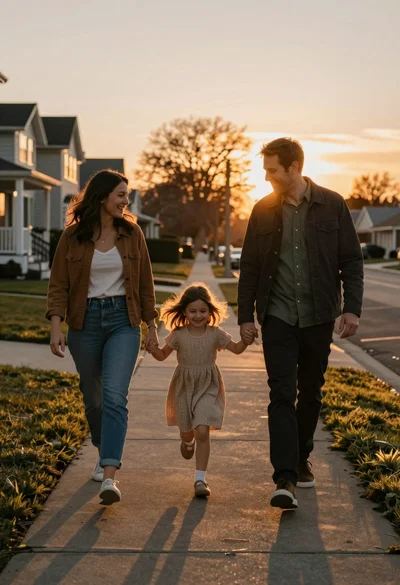 Joyful family walking down suburban sidewalk during warm golden hour sunset