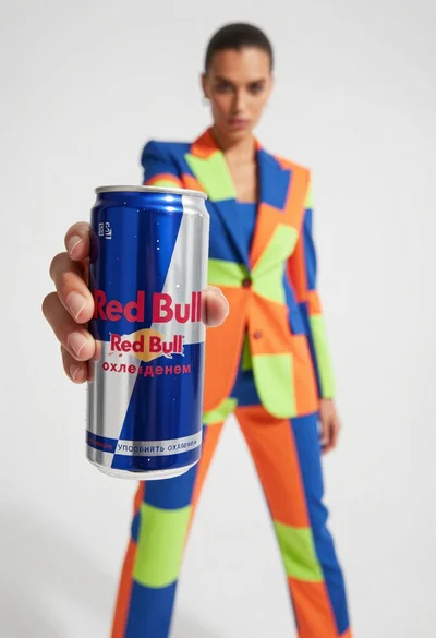 Closeup of red bull can held by hand with fashion model in