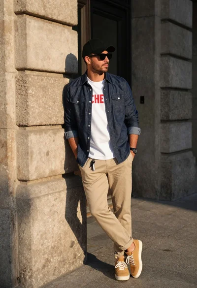 Stylish man leaning against stone wall in sunlight