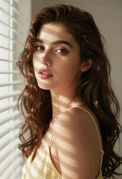 Woman with brown hair by white window blinds