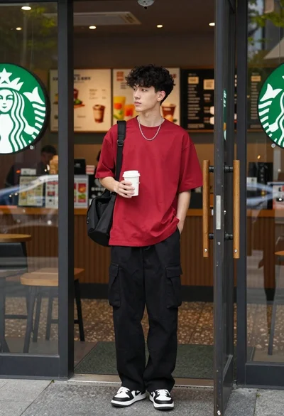 Young man in red tshirt standing at starbucks coffee shop entrance