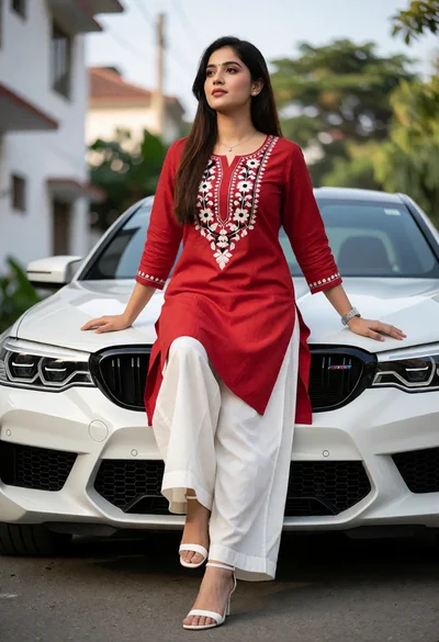 Young woman in red kurta sitting on white sports car at residential