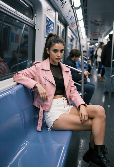 Young woman in moto jacket sitting on blue subway bench low angle