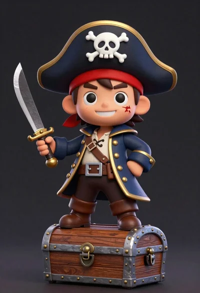 Cheerful chibi pirate character standing on treasure chest in studio