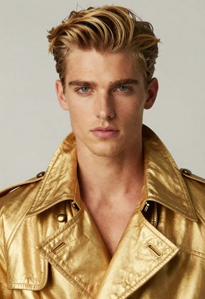 Portrait of handsome man in gold trench coat