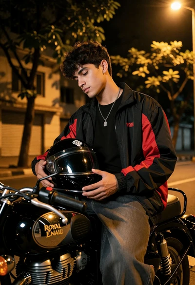 Young man on black motorcycle at night under warm yellow streetlights