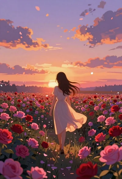 Anime girl in vast rose garden at sunset