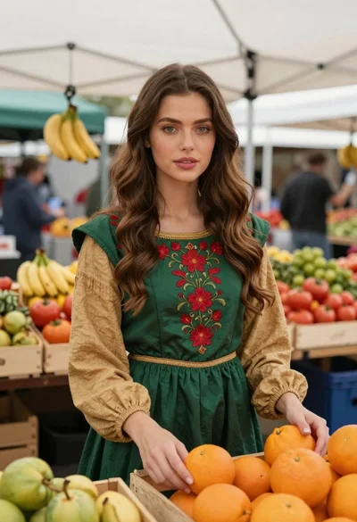 Woman in green dress at outdoor fruit market