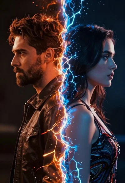 Dual portrait of man and woman separated by glowing crackling energy