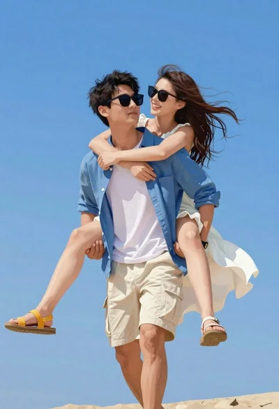 Couple walking together on a sunny beach