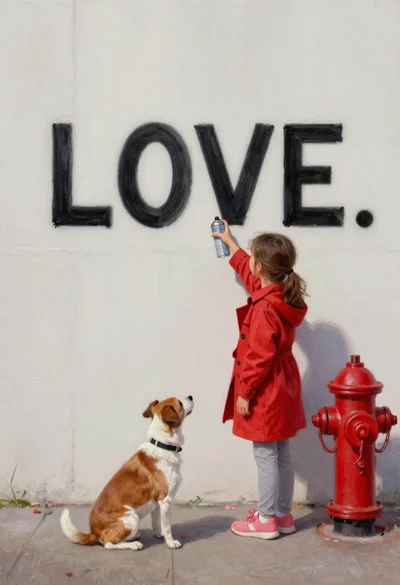 Girl painting word love on white wall with dog
