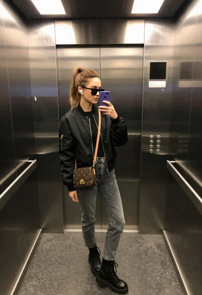 Young woman taking mirror selfie inside modern elevator with stylish outfit
