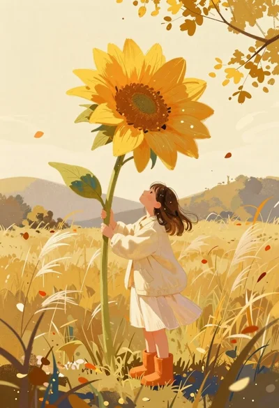 Girl holding enormous flower in autumn field