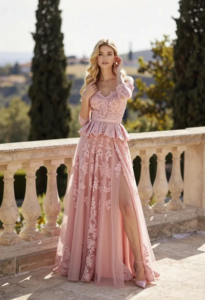 Fair skinned woman in pink ballgown on stone terrace outdoors