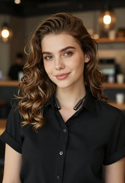 Portrait of young woman with light brown hair in black shirt