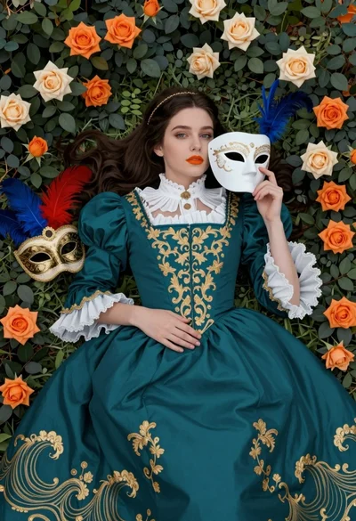 Fair skinned woman in teal victorian gown among roses and green leaves