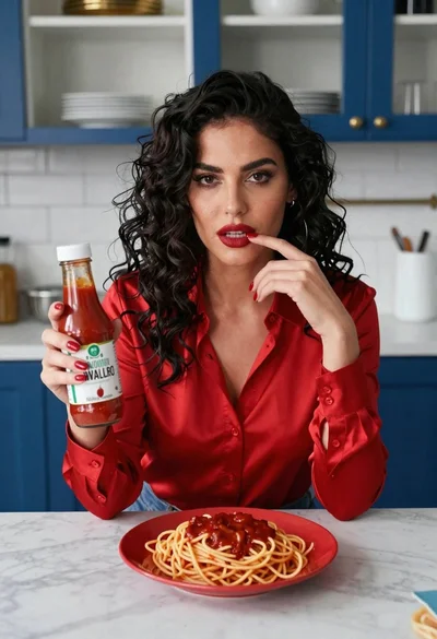 Woman with dark hair at marble table holding tomato sauce over spaghetti