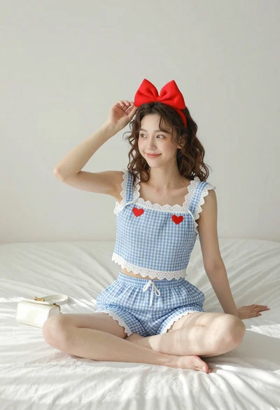 Young woman in blue gingham two piece set sitting cross legged on