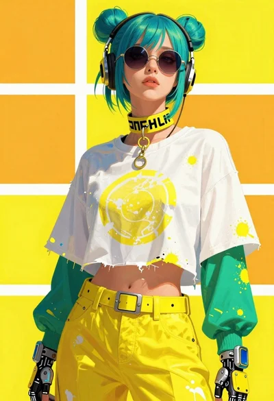Fashion illustration of a person with futuristic yellow and white accessories