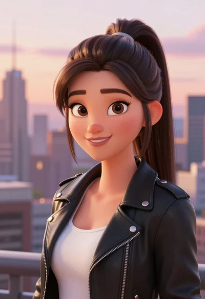 Digital portrait of young woman in black leather jacket against city skyline