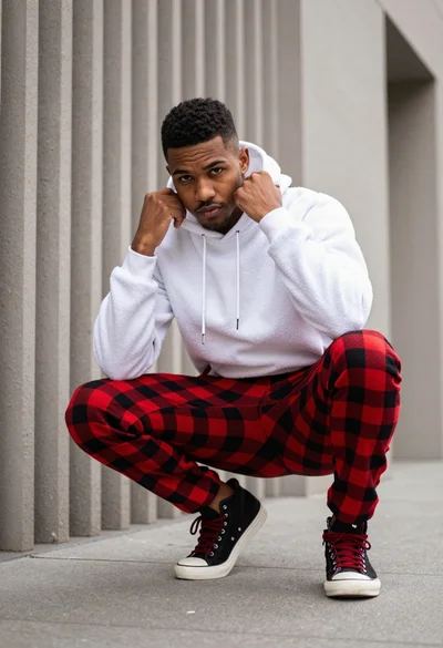 Young man crouching in white hoodie against textured urban concrete wall
