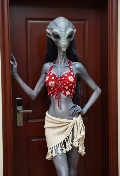 Humanoid alien figure standing in doorway wearing floral top and wrap skirt
