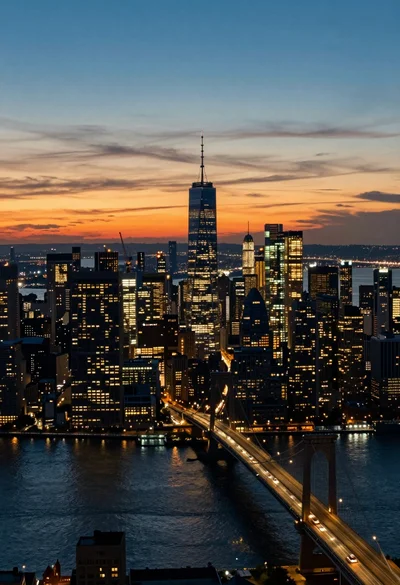 Aerial view of sprawling metropolis skyline at twilight with river reflections