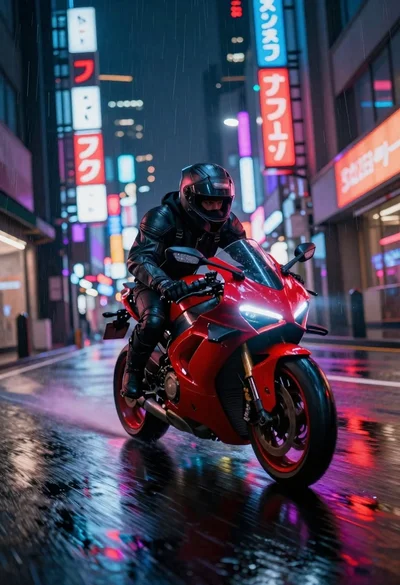 Cyberpunk motorcycle speeding down wet neon city street