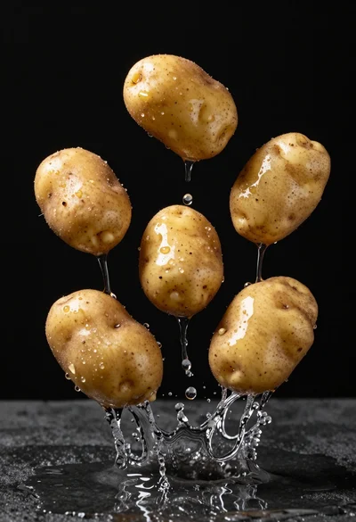 Four potatoes suspended in midair with dramatic water splashes erupting beneath