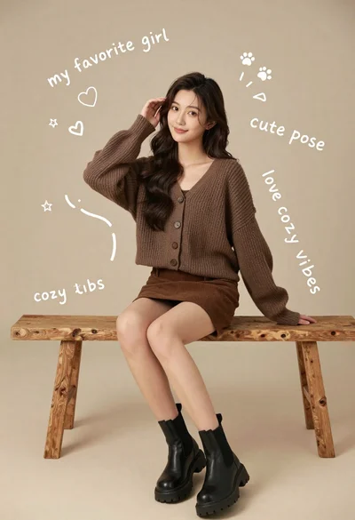 Young woman in brown knit cardigan sitting on bench in studio