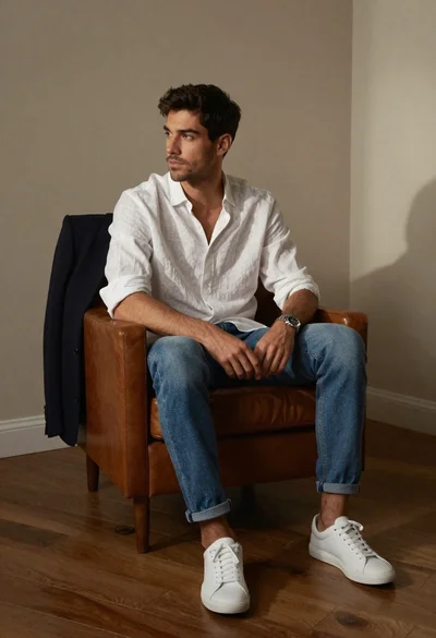 Stylish man sitting on leather armchair in minimalist room