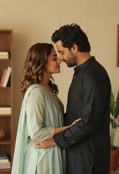 Indian couple in traditional attire sharing an intimate embrace indoors
